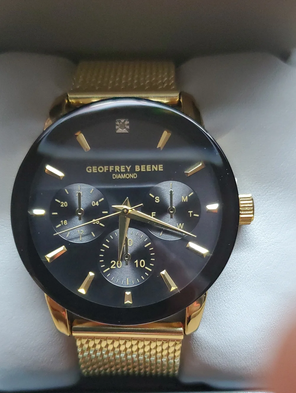 Geoffrey Beene Gold Tone Mesh Bracelet Watch with Black Dial
